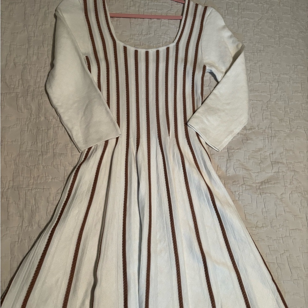 VENUS White and Brown A-Line Dress Scoop Neck 3/4 Sleeve